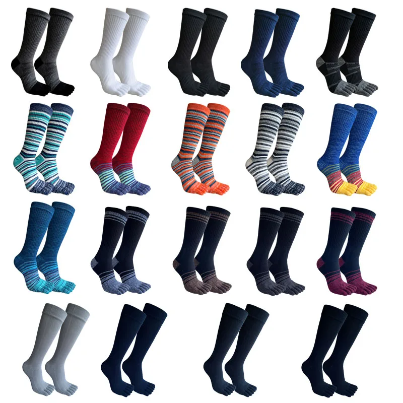 Chaussettes longues à cinq doigts pour hommes, en coton rayé, Tube haut, Compression, pour affaires, absorbant la sueur, respirantes, chaudes, Fitness, Sport, orteils