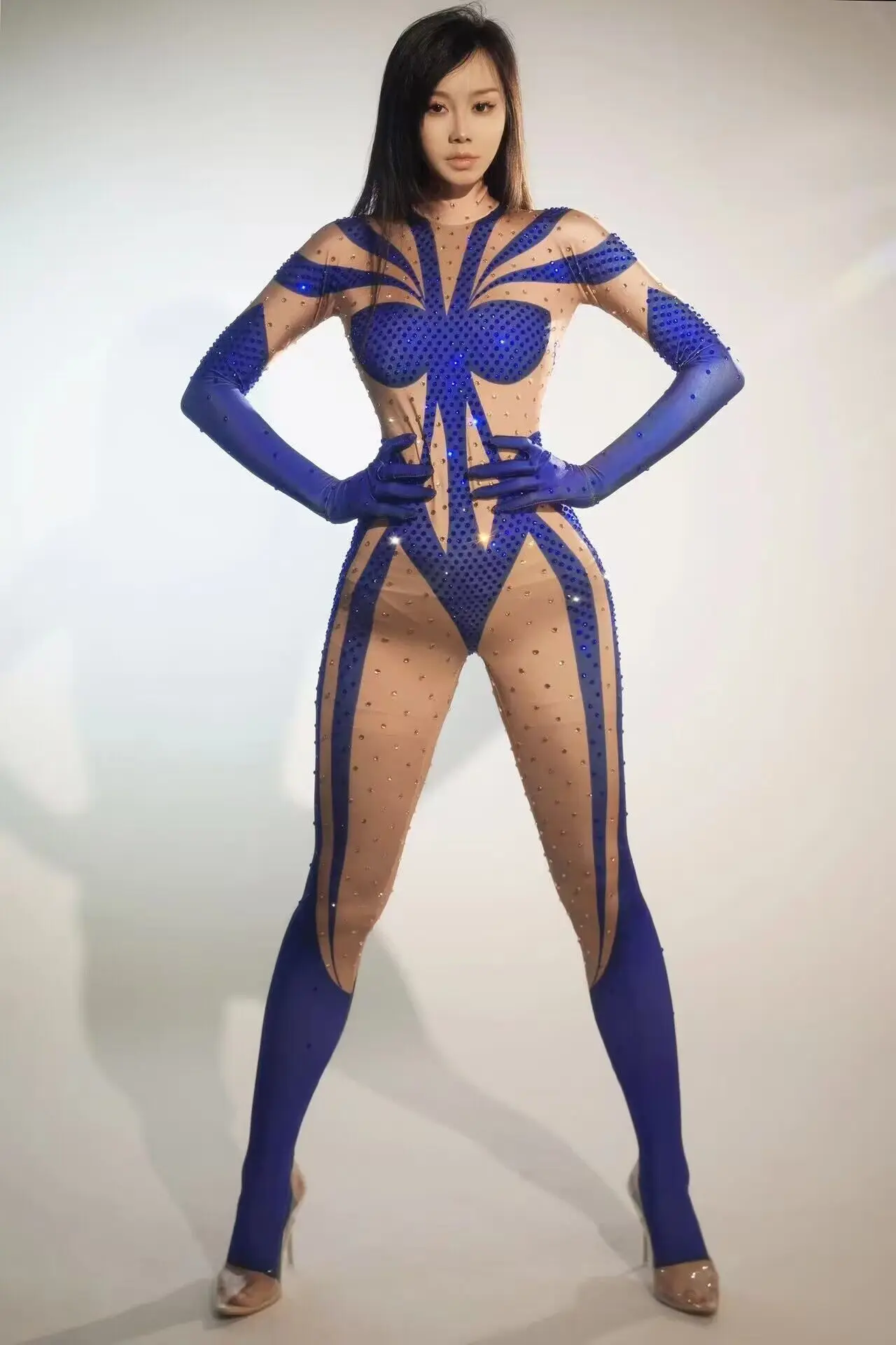 Women Crystals Bodysuit Sexy Romper Evening Wedding Celebrate Rhinestones Jumpsuit Performance Costume