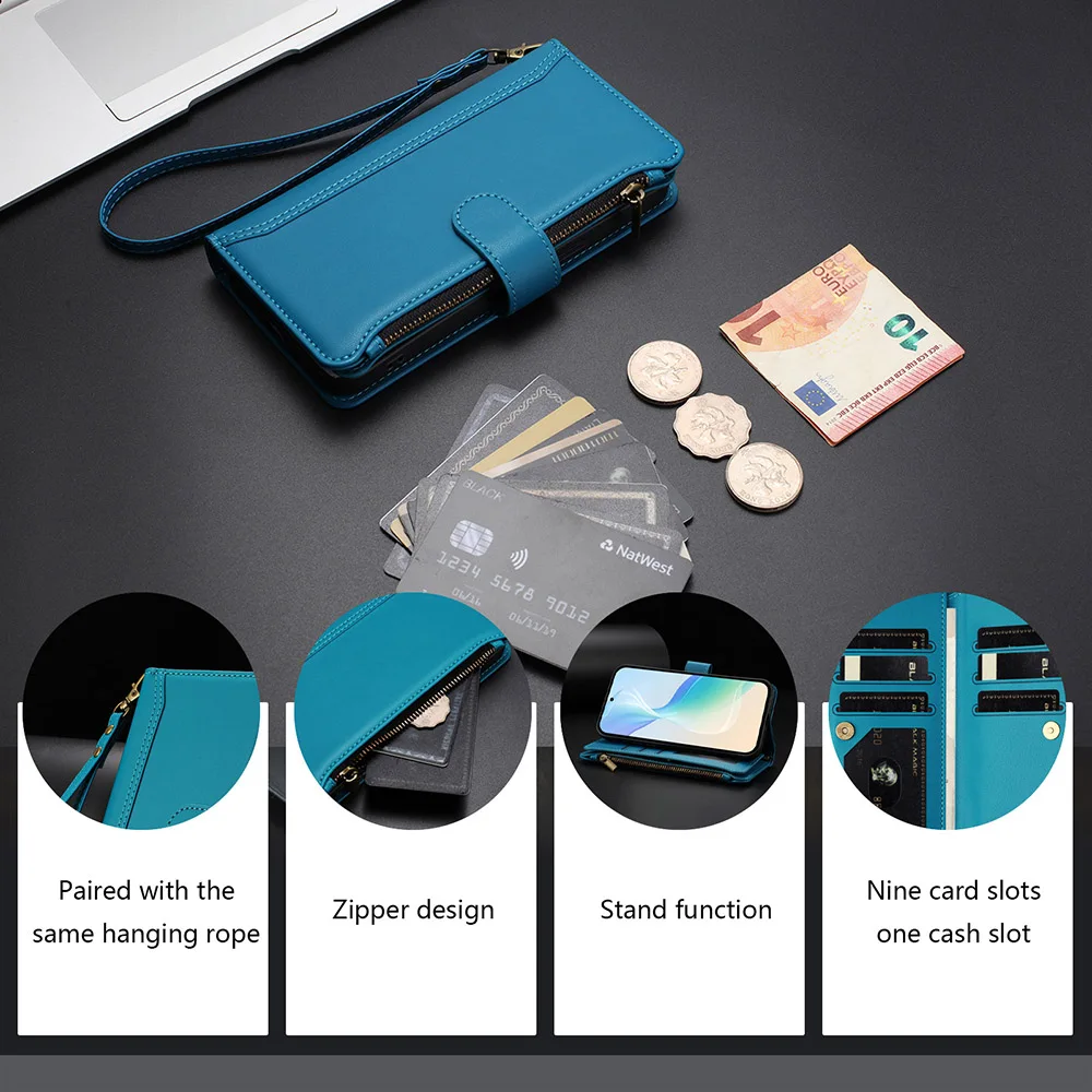 Leather Card Wallet Phone Cover with Wrist Strap and Crossbody Shell