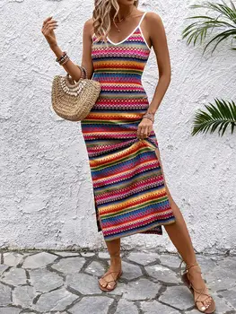 Women's Boho Geometric Striped Knit Cami Maxi Dress - Ethnic V Neck High Split Sleeveless Bodycon Long Dress for Beach Vacation