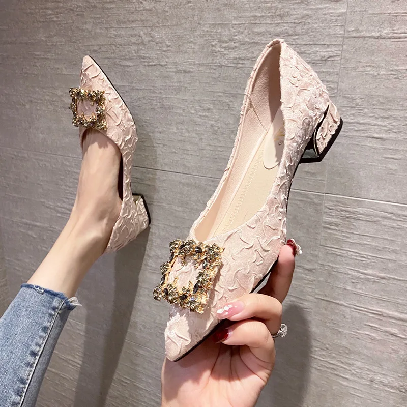 Shoes Women's Pumps 2022 New Slip-On Rhinestone Square Buckle Pointed Toe Shallow Shoes Square Heel 3CM Fashion Shoes