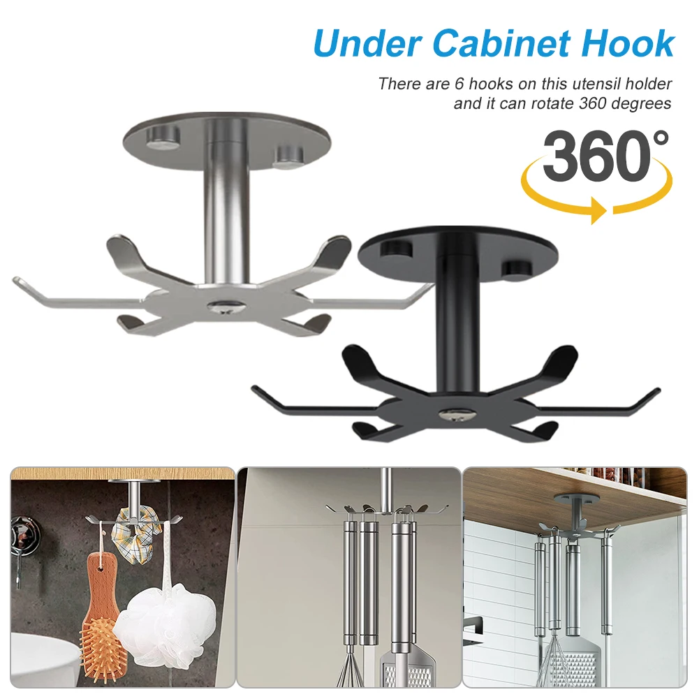 

Under Cabinet Hook Rotating Kitchen Utensil Holder 6 Hooks Stainless Steele Utensil Hanging Rack with Screw for Kitchen Bathroom