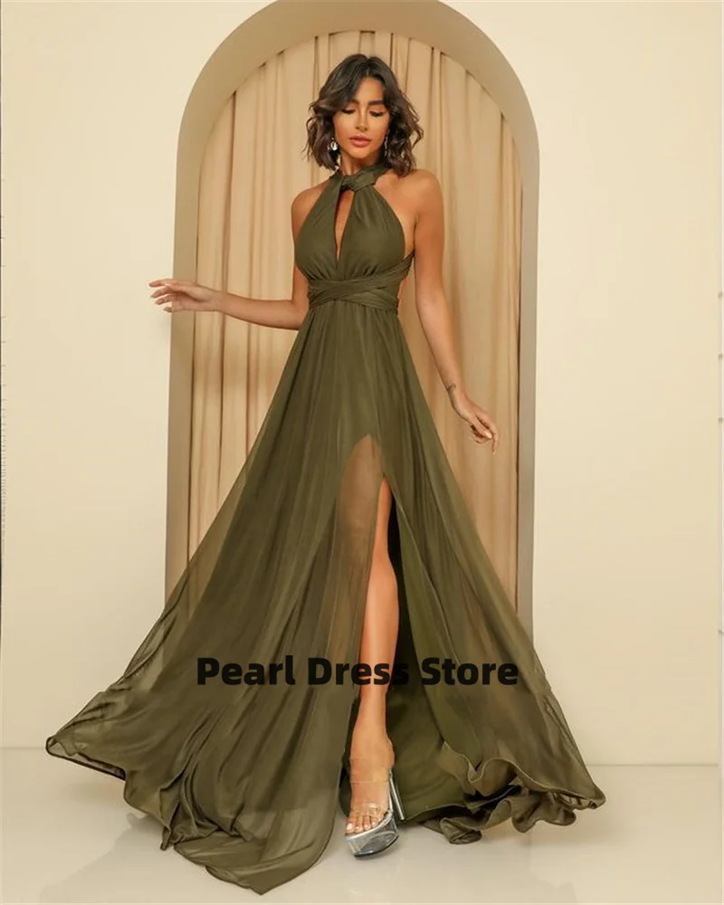 

Green Chiffon Long Prom Dress Jewel Neck 2023 Side Split Simple Evening Dress Women's Formal Party Dress Vestidos De Fiesta Robe
