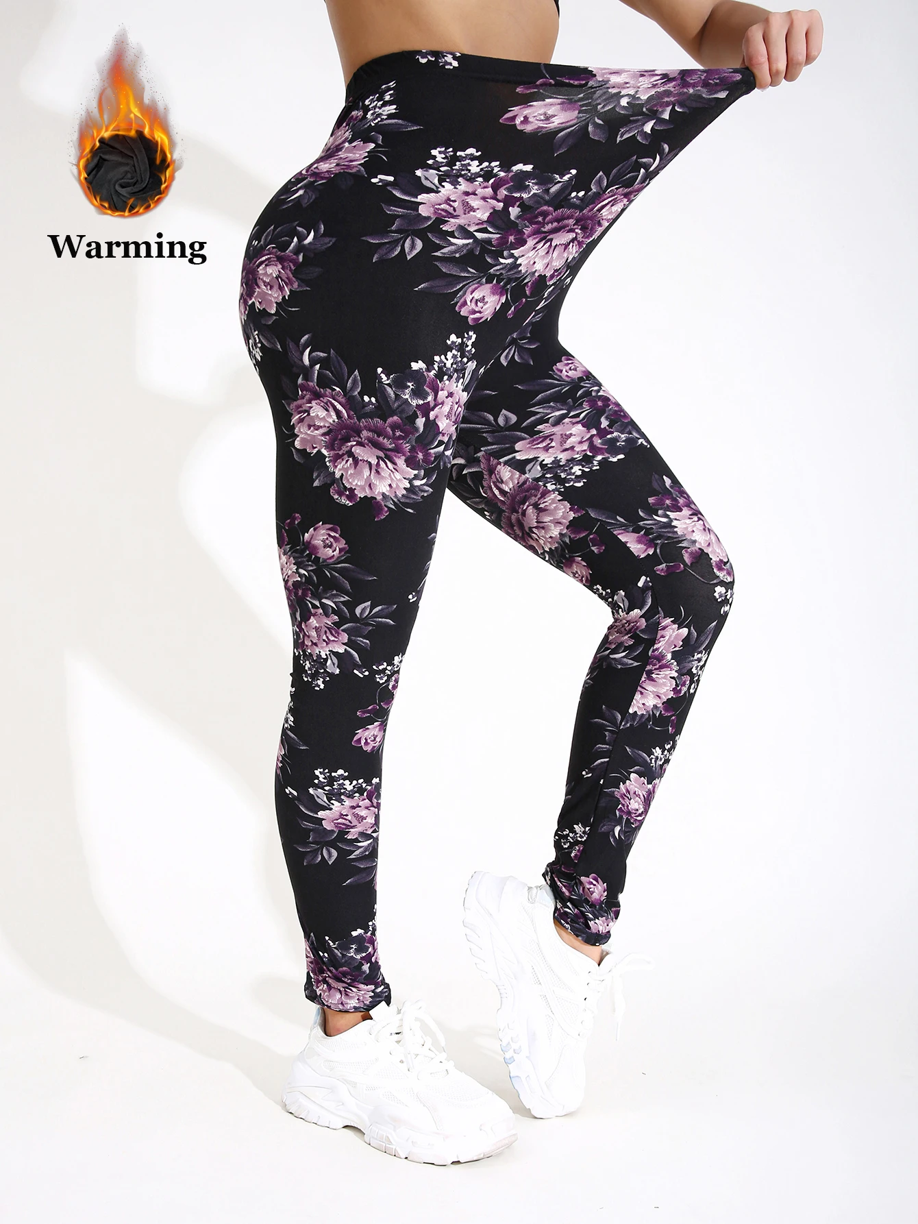 Autumn Winter 1PACK Women's Purple Cherry Blossoms Thick Velvet Sexy Tight Legging Casual Sports Elegant Fitness Yoga Pants