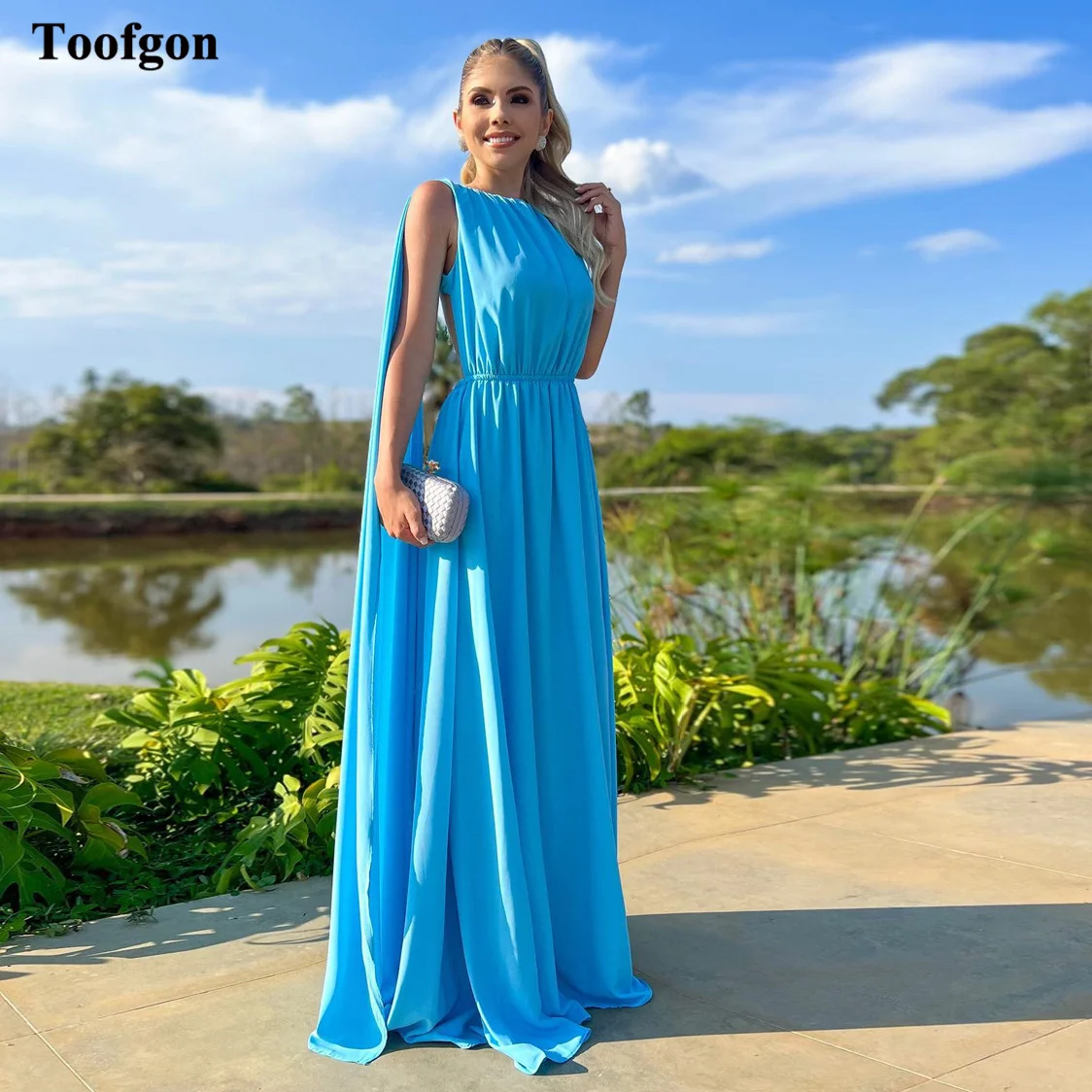 

Toofgon Simple Blue Chiffon Long Evening Dresses Sexy Backless Prom Party Gowns Korea Lady Formal Wedding Bridesmaid Dress