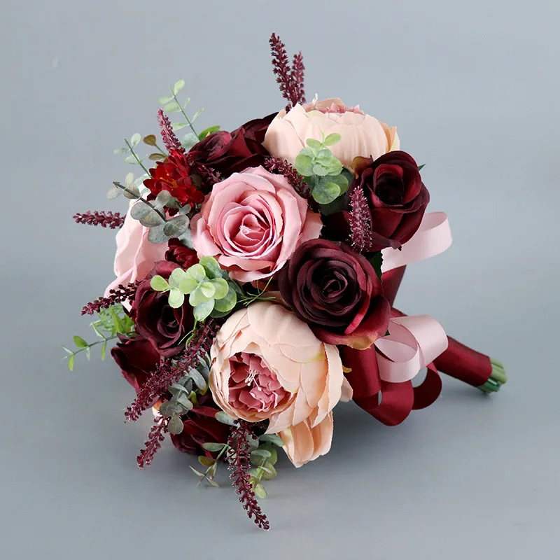 Burgundy Rose Flowers Artifical Bride Bouquet Bridesmaid bruidsboeket Bridal accessoires de mariage