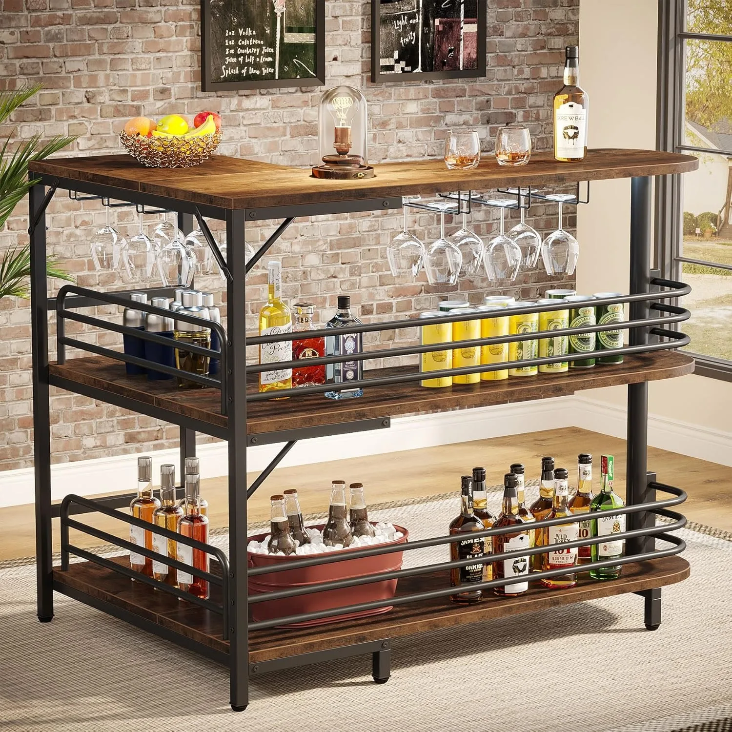 Unité de bar domestique en forme de L, table de bar à liqueur à 3 niveaux avec étagères de rangement et porte-verres à vin pour pub de cuisine à domicile, marron rustique