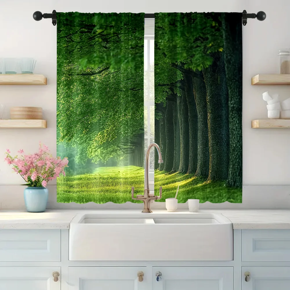 2pc,  Scene Curtains Forest1 Machine Washable Fabric,Without Electricity Spring Party & Holiday Decor Perfect for Holiday 2