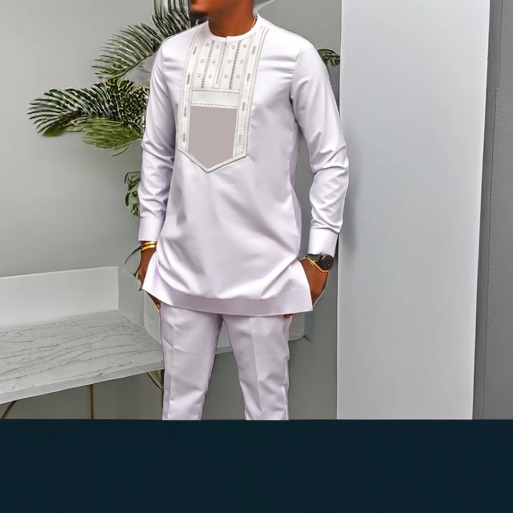 Kaftan Mens Track Suits 2PCS Embroidered Top Shirt Trousers African Ethnic Casual Traditional Clothing Wedding Men Sets Outfits