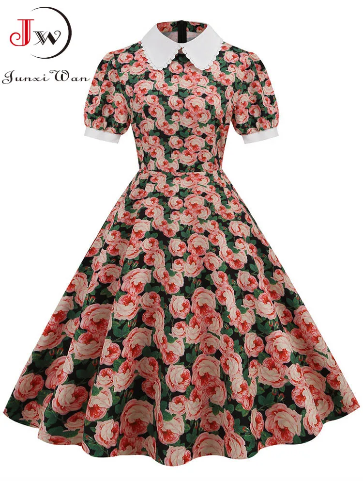 Women Vintage Dress Floral Print Peter pan Collar Elegant Party Dress Puff Short Sleeve Pin Up 50s Party Sundress 3XL