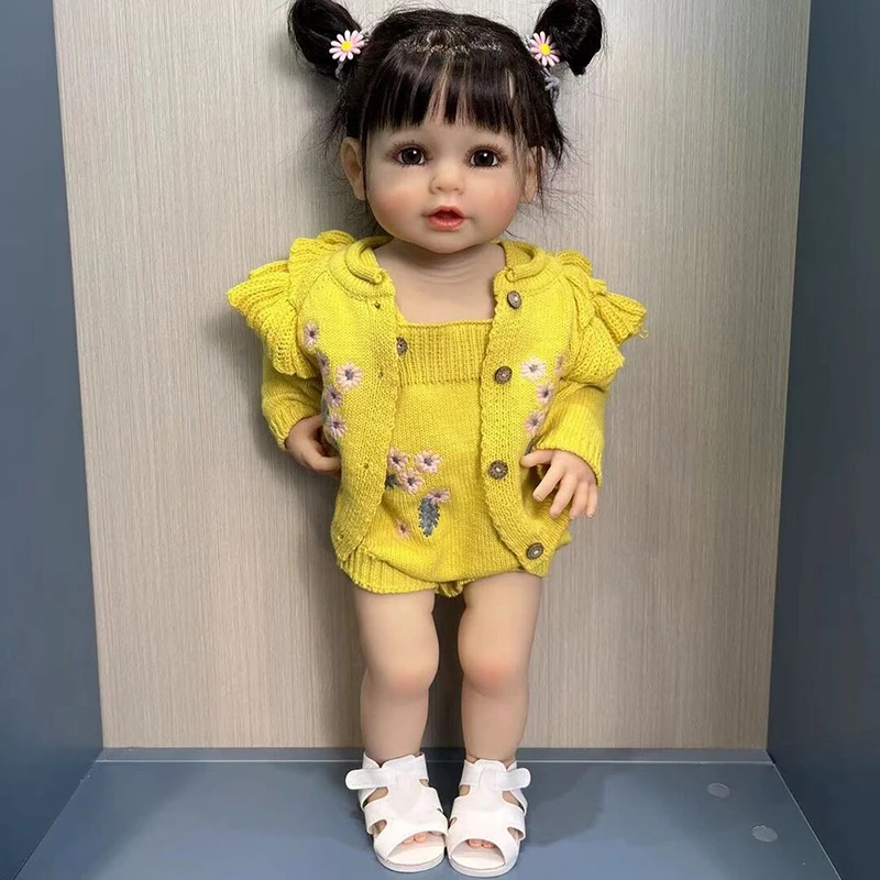 

55CM Full Body Soft Silicone Vinyl Reborn Toddler Girl Doll Black Hair Lifelike Really Baby Doll Christmas Gift for Girl