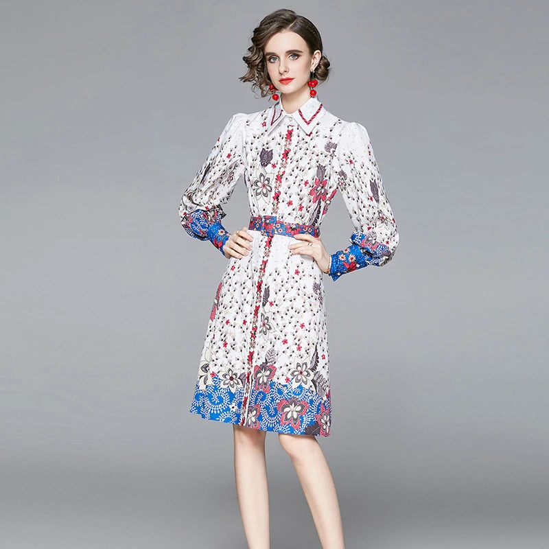 

2022 New Puff Sleeve Dresses Woman Elegant New Chic Luxury Printed Dress Sashes Knee-Length Turn-down Collar Long Sleeve Dress
