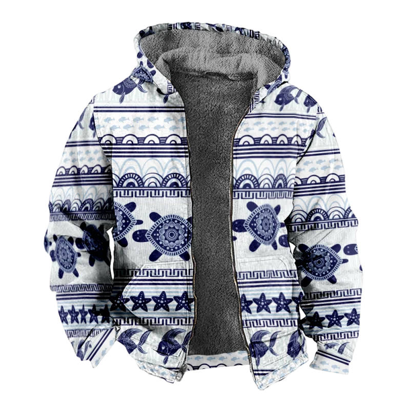 New Creative Cotton Coat Hooded Sweater Casual Print Men's Fur Loop Arctic Velvet Zipper Patch Pocket Hooded Sweater a42