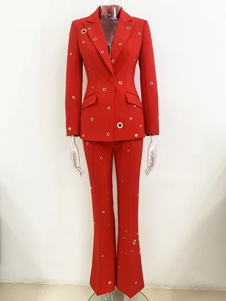 2024 FW Designer Fashion Runway Suit Set Ladies Slim Fit Single Button Rivet Gromet Blazer Jacket Pants Suit 2020 fashion designer leather belt for women vintage gold color metal buckle waist belt pasy ladies waistband dress jeans