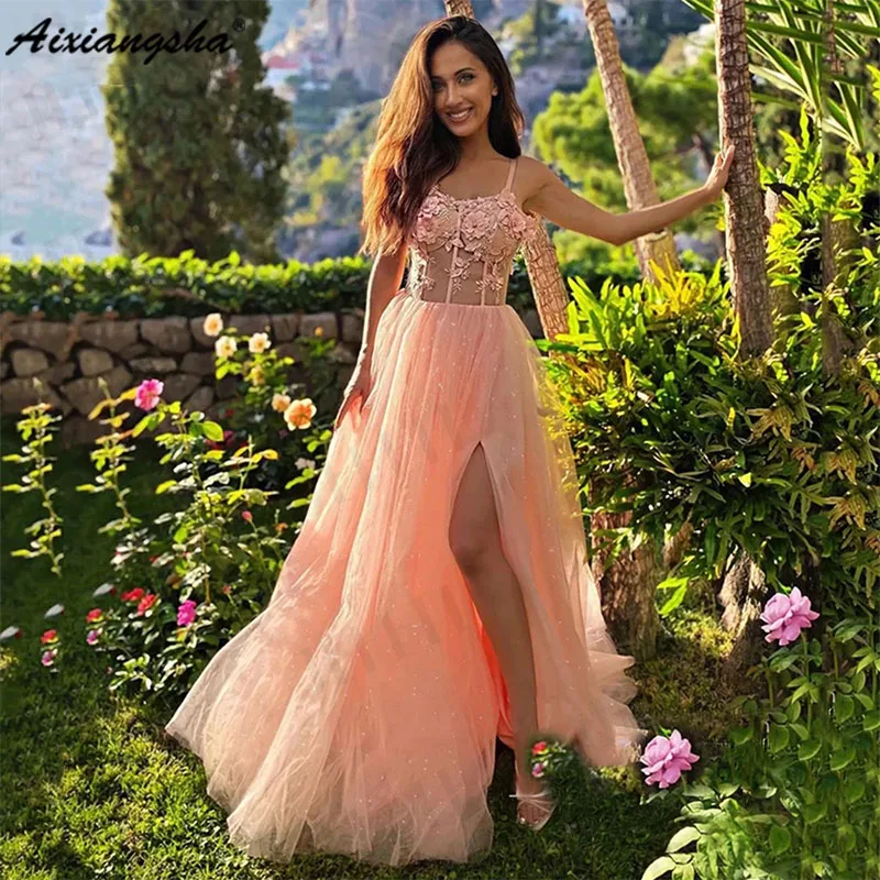 

Aixiangsha 3D Flowers Prom Dresses Sweetheart Pastoral Fairy Evening Spaghetti Straps Split Party Gowns Tulle Formal فساتين السه