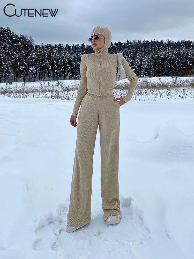 Classic Sporty Women 2Piece Set Concise Autumn Tracksuits Solid Hooded Zip-up Crop Tops+Matching Pants Female Knit Suits