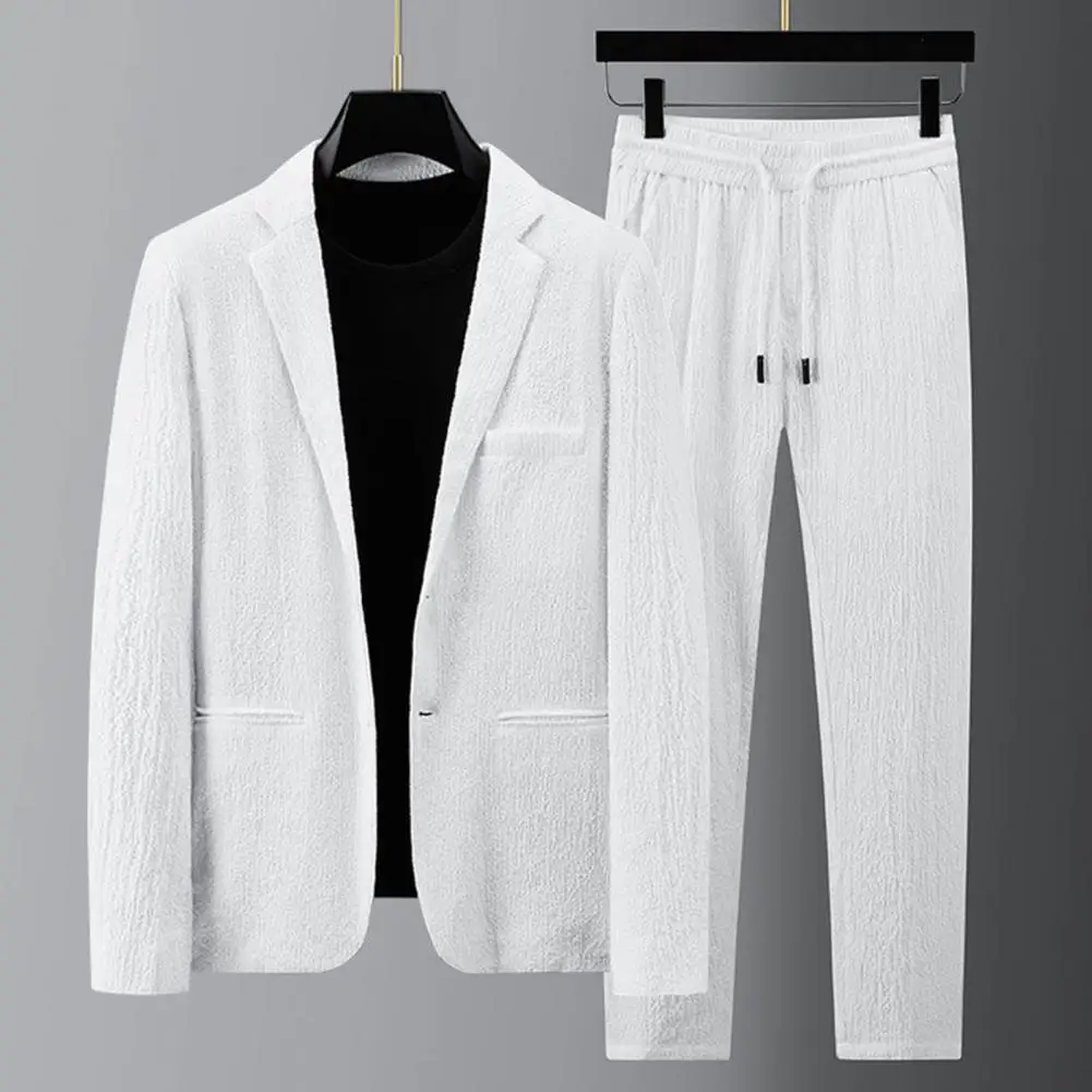 Stripe Spring Men Blazer Pants Set Pleats Pockets Solid Color Turndown Collar Outfit Lace-up Men Suit Wedding Male Formal Suit