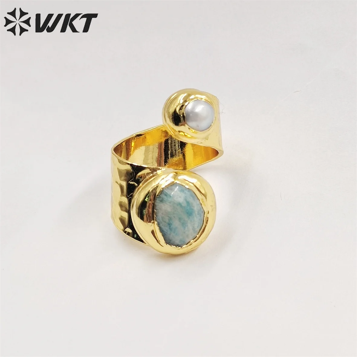 

WT-R438 Amazing Hot Double Stone Ring For Women 18k Real Gold Plated Resist Tarnishable Amazonist Pearl Birthday Gift