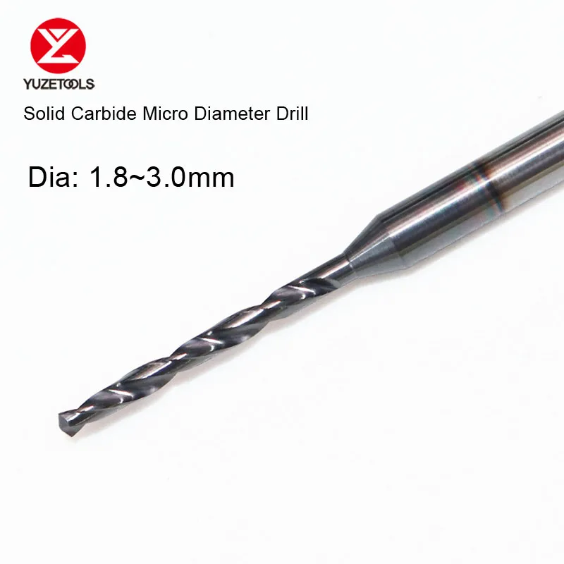 YUZETOOL 1.8~3.0mm Micro Drill Solid Carbide Min Bit Diameter CNC Hole Machining Tool Precision for Steel Stainle Superalloy