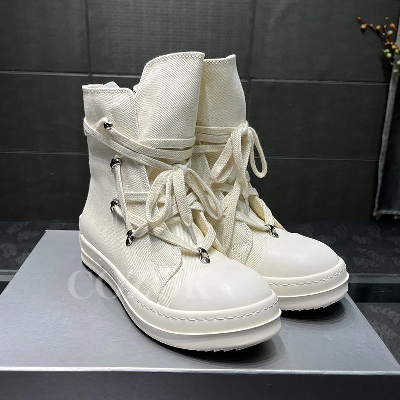

New Winter High-end Ladies Canvas Boots Narrow Band Design Thick Bottom Ankle Boots Non-slip Lovers Shoes With Wide Toe