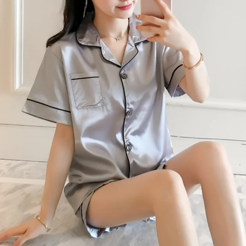 Hochwertiger, leichter Luxus-Pyjama in Silber-Rosa für Damen, Sommer-Kurzarm-Hauskleidung, lässiges Set – Detail 5