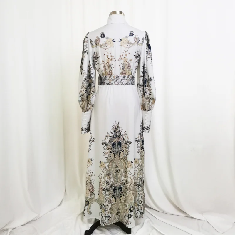 2023 Muslim Abayat Dress White Print Slim Big Skirt Robe Femme Musulman Stylish Elegant Ladies Dress