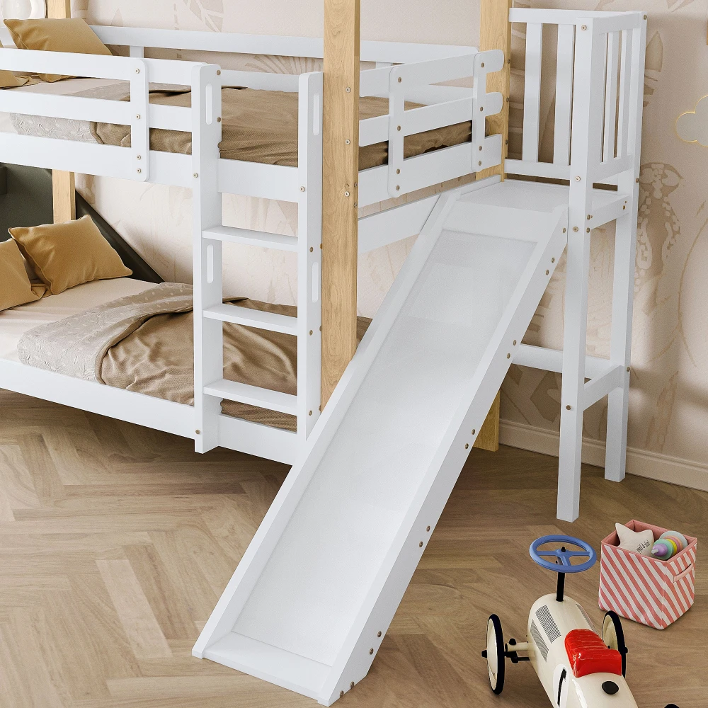 90x200cm Etagenbett mit Rutsche und dreistufiger Winkelrolltreppe, Bett mit Sturzschutz, Kinderbett, Bettrahmen aus Massivholz – Detail 25