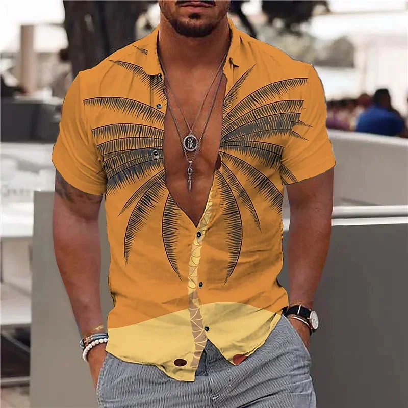 thumbnail image 1 of Camisa hawaiana con estampado de cocotero para hombre, camisas hawaianas con estampado 3D de atardecer colorido, blusas de verano de gran tamaño con solapa, mangas cortas, 1 of 5