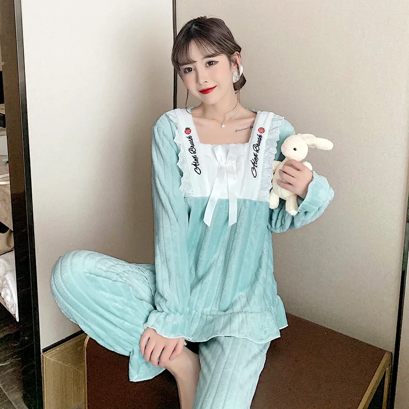 Sleepwear Women's Winter Flannel Long Sleeve Pants Thickened Home Fur Two Piece Set for Outwear