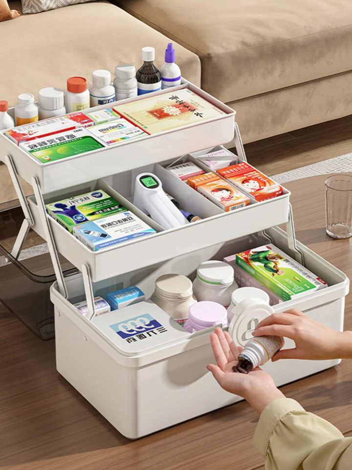 HIKENRI Scatola portaoggetti per medicinali, organizer per medicine domestiche, cassetta di pronto soccorso, scatola per medicine a doppio strato, con coperchio, contenitore per medicinali, per casa