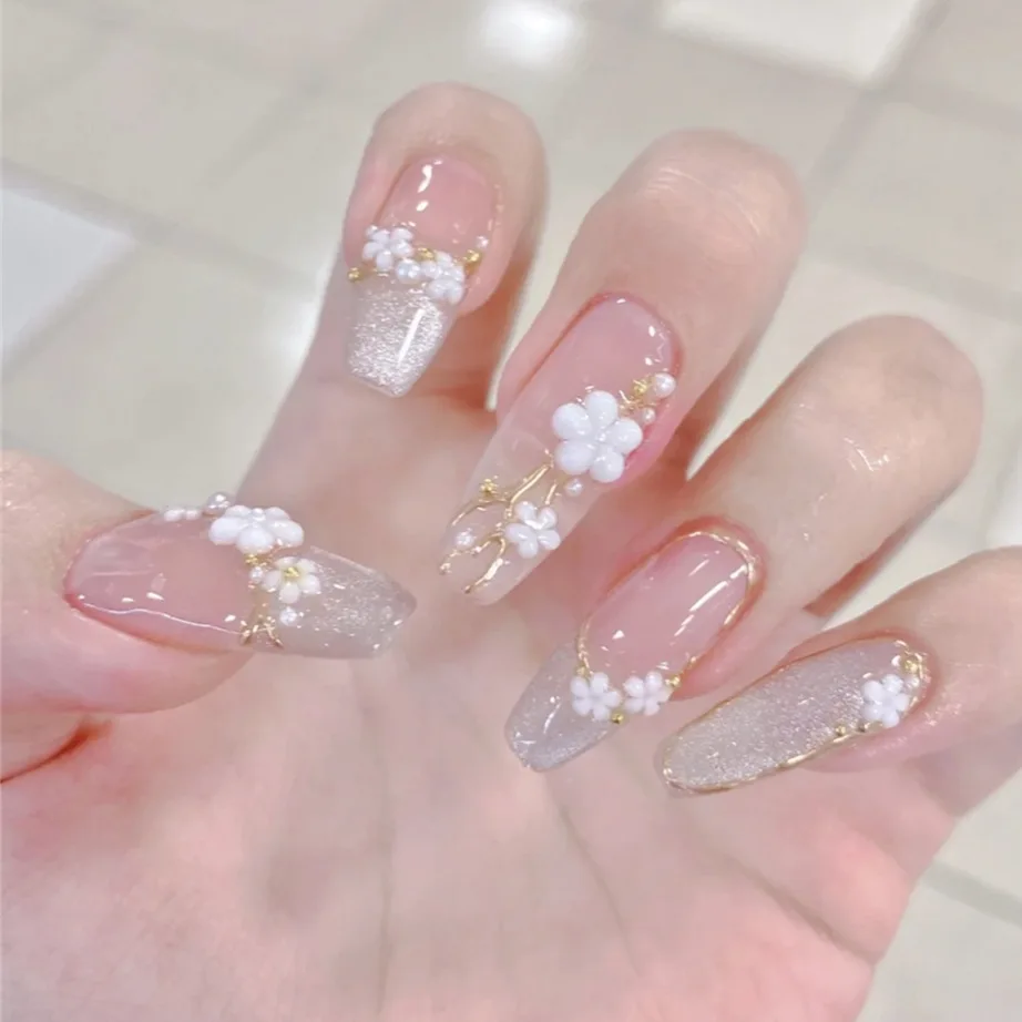 

24Pcs False Nails With Glue Flower Pearl Design Long Coffin French Fake Nails Full Cover Acrylic Nail Tips Press On Nails