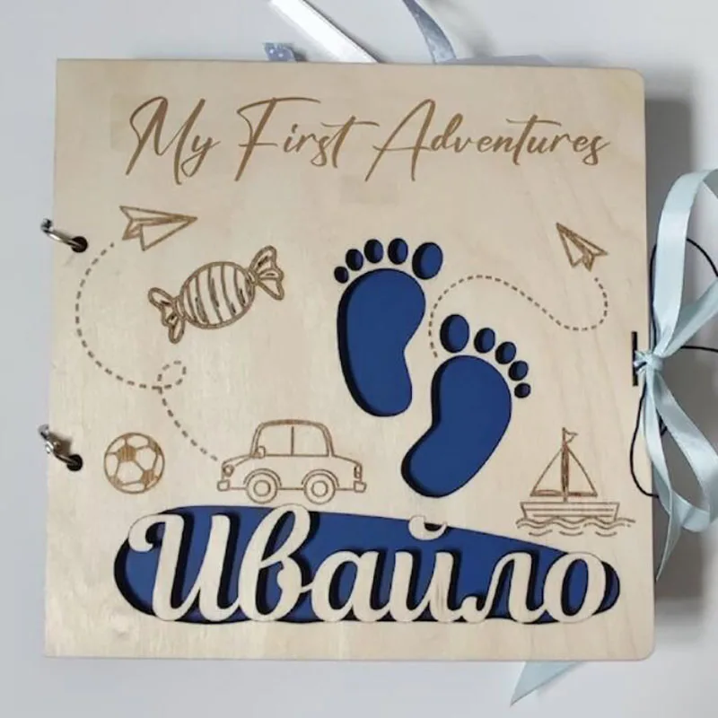 Personalized Photo Album,Wooden Covers Baby Book,First Year Baby Gift, Baptism Guestbook,Newborn Growth Record Book