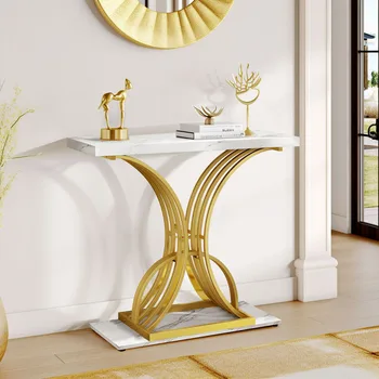 Modern Gold Console Table 39" Entryway Table with White Faux Marble Living Room furniture living room 1