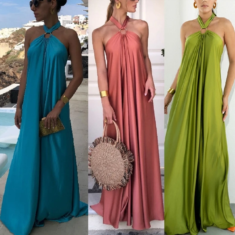 

Women Sleeveless Halter Backless O-Ring Evening Party Pleated Satin Long Dress