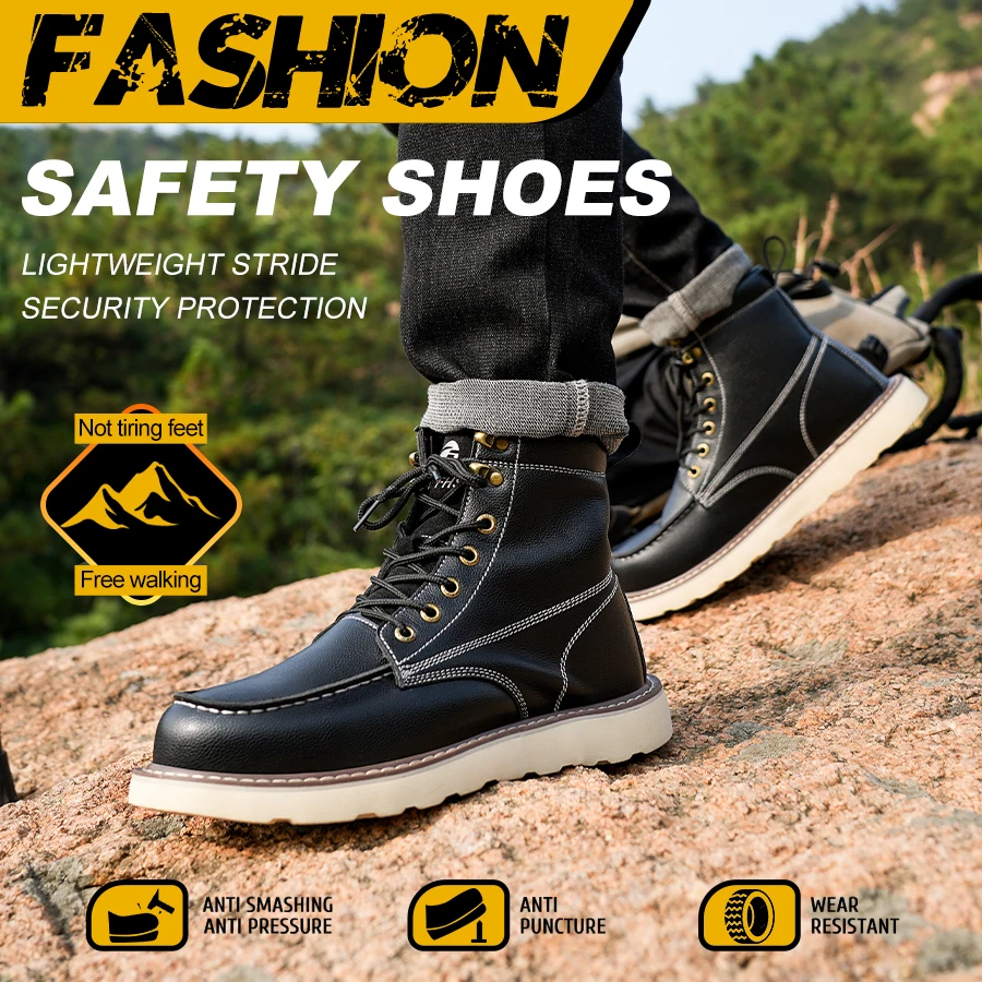 Two layer cowhide men’s anti-smash anti-puncture high top work safety shoes BEST SELLERS