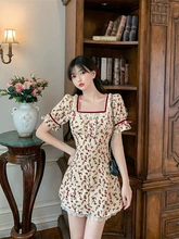 

QWEEK Vintage Floral Dress Women Sweet Kawaii Flower Print Puff Sleeve Short Dresses Elegant Casual Party 2022 Summer Button