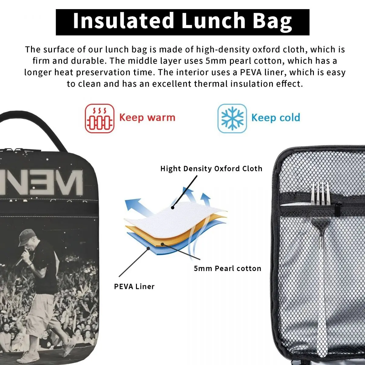 Thermal Insulated Lunch Bag for School Portable Bento Box Cooler Thermal Lunch Boxes Eminem Slim Shady Music Rap