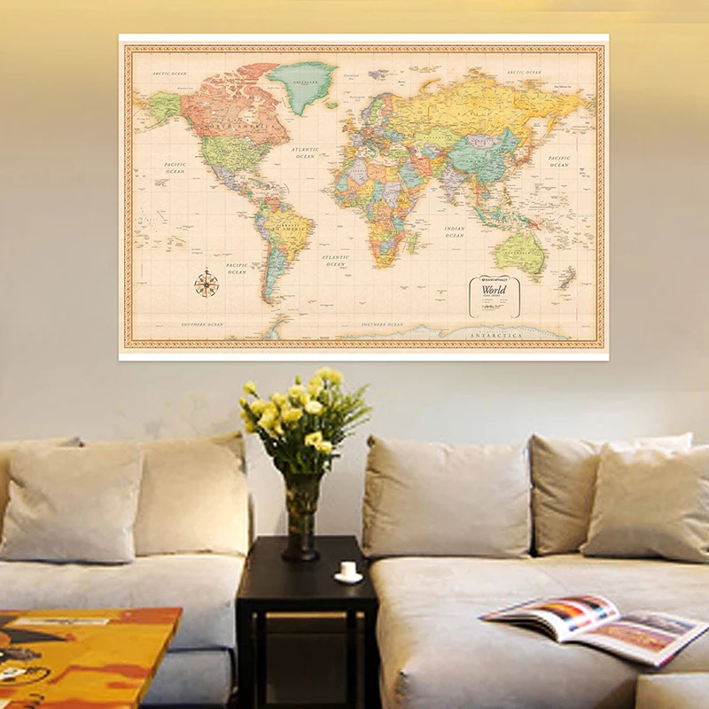 World Map Classic Edition Vinyl Spray Wall Decor Hanging Picture Poster Prints Backdrop for School Home Office Supplies 120x80cm