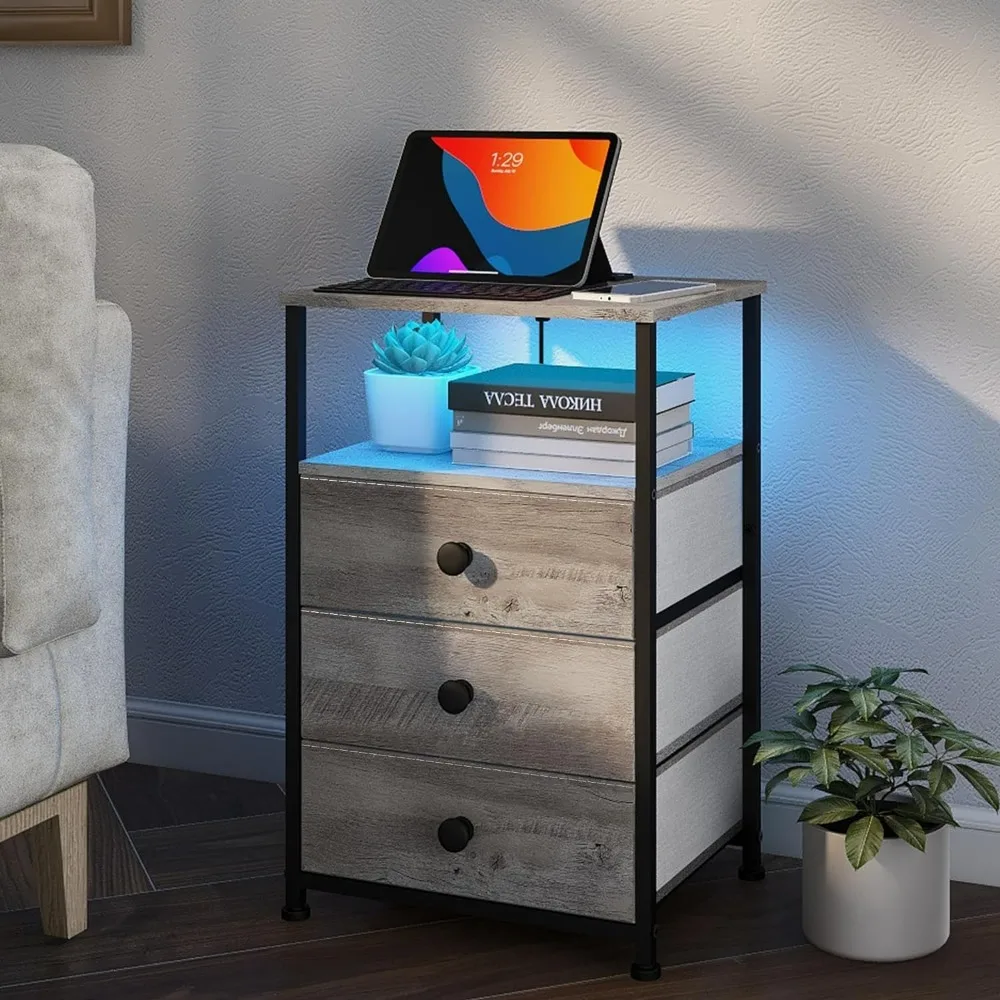 

Nightstand with Charging Station USB Outlet and LED Light End Table Dresser with 3 Fabric Drawers and Storage Shelf for Bedroom