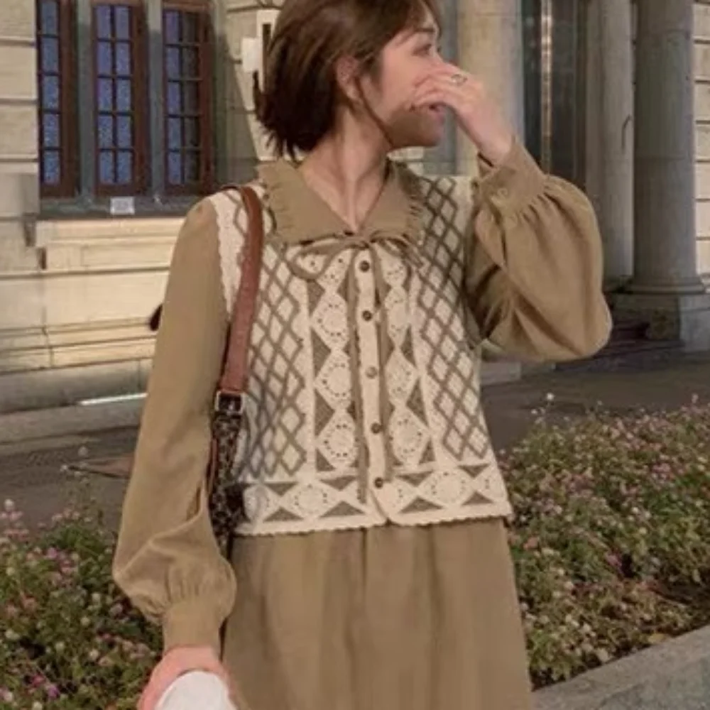 

Embroidery Hollow Out Crochet Crop Top Vest Cardigan Stripe Jumpers Waistcoat Top Single Breasted Lattice