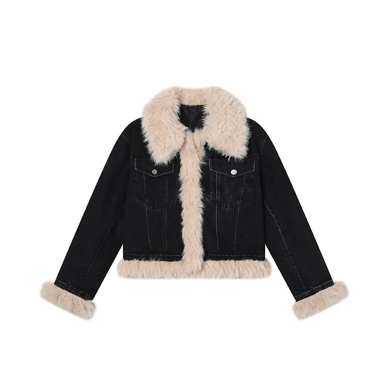 

Retro Black Denim Jackets Stylish Women Lambswool Collar Loose All-Match Cottlon Coat Patchwork Winter Padded Overcoat