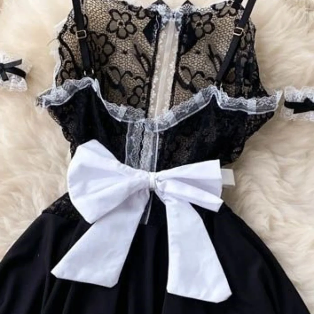 Sexy Maid Cosplay Uniform Lace Patchwork Women's Dress Backless Transparent Mini Skirt Apron Sensual Erotic Pajama Nightwear Hot