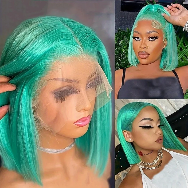 

Green Colored Straight Short Bob Pixie Cut T Part HD Transparent Lace Wigs Human Hair 13X4 Frontal Wig For Woman Pre Plucked