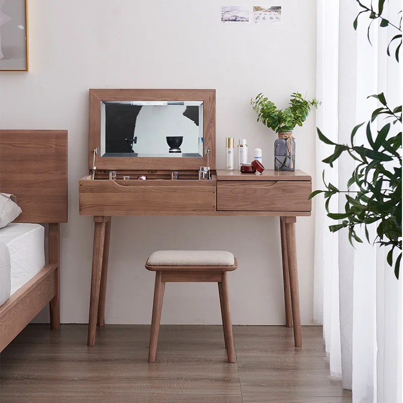 

Nordic Solid Wood Vanity Table With Flip Top Ash Wooden Dresser Light Luxury Bedroom Walnut Comoda Pra Quarto Household Products