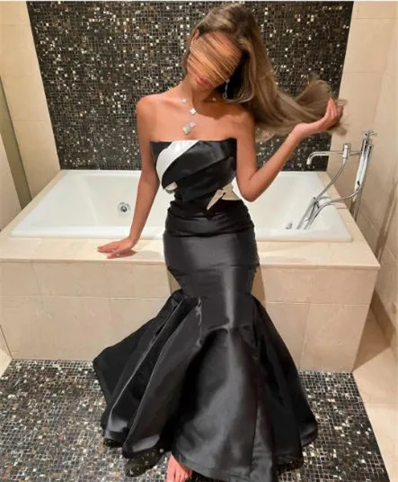 

Elegant Long Strapless Black&White Evening Dresses فساتين السهرة A-Line Sleeveless Pleated Prom Dress Robe de soirée for Women