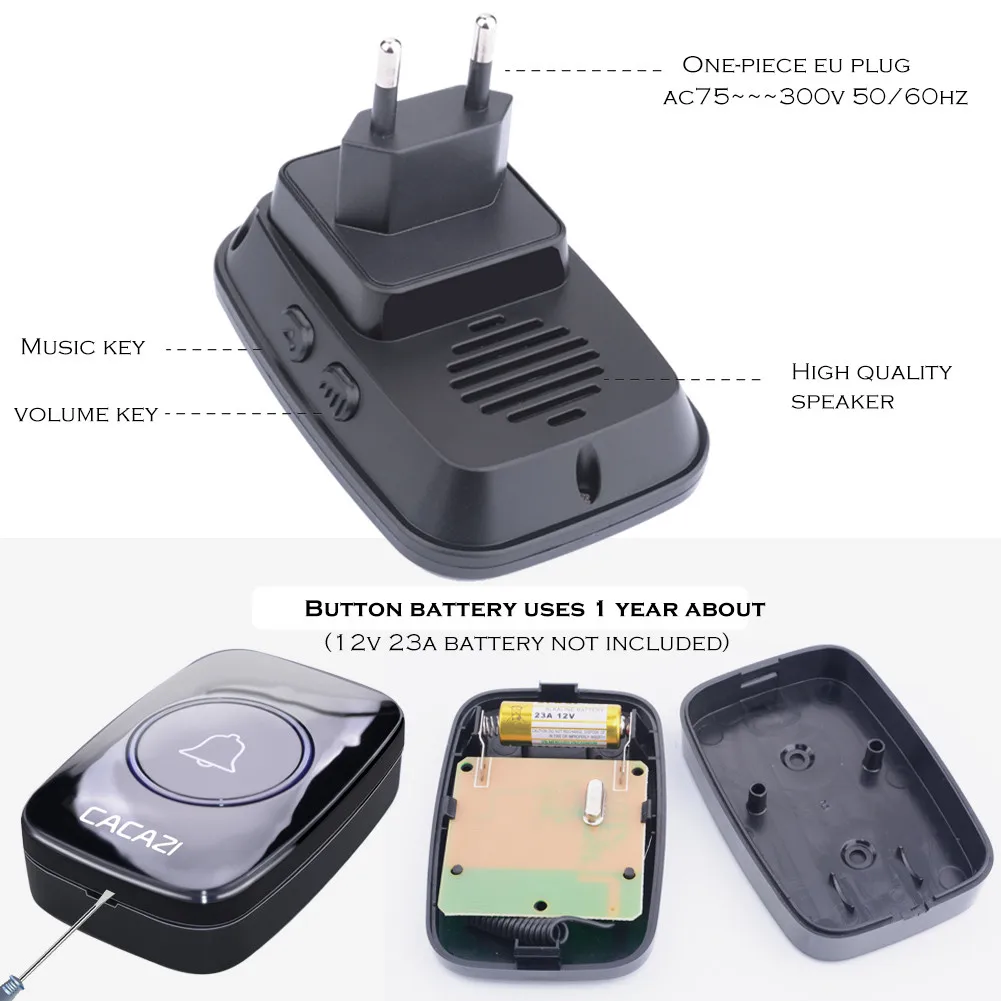 60 Chime 110DB 300M Wireless Doorbell Waterproof Remote EU Plug Smart Door Bell Battery 2 Button 1 Receiver wireless doorbell