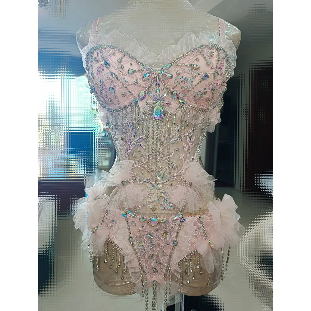 

Pink Rhinestones Chains Bikini Bodysuit Pole Dancing Costume Sexy Nightclub Bar Stage Wear Festival Party Show Rave Outfits