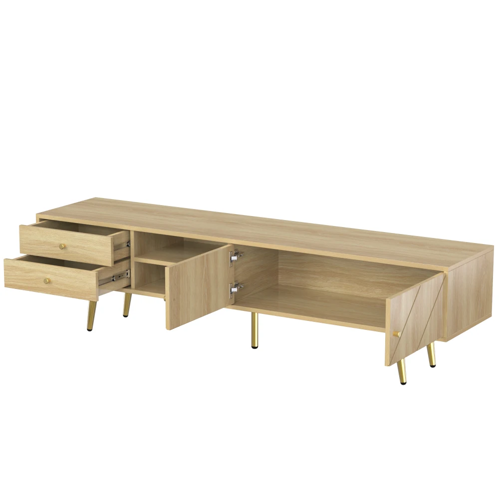 160 cm großer TV-Schrank mit goldenen Füßen – 2 Schubladen und einzigartig gestaltete Türen | Praktische Aufbewahrung für Mediengeräte/Wundergeschäfte – Detail 14