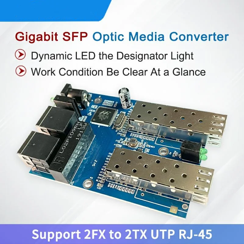 Fiber Optical Switch PCBA Board 2-Port SFP and 2UTP RJ45 Gigabit SFP Media Converter Singlemode/Multimode Fiber Ethernet Switch