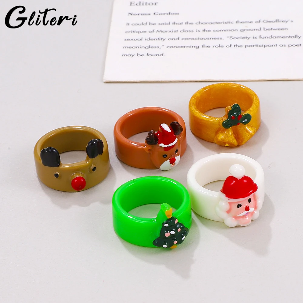 

GEITERI Cute Santa Claus Christmas Tree Elk Rings For Women Girls Kids Resin Finger Rings Fashion Jewelry Christmas Party Gifts